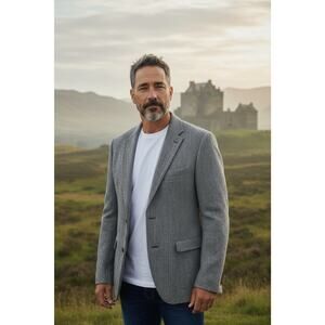 Vintage Juster's Harris 48R Tweed Scottish Wool Gray Herringbone Blazer